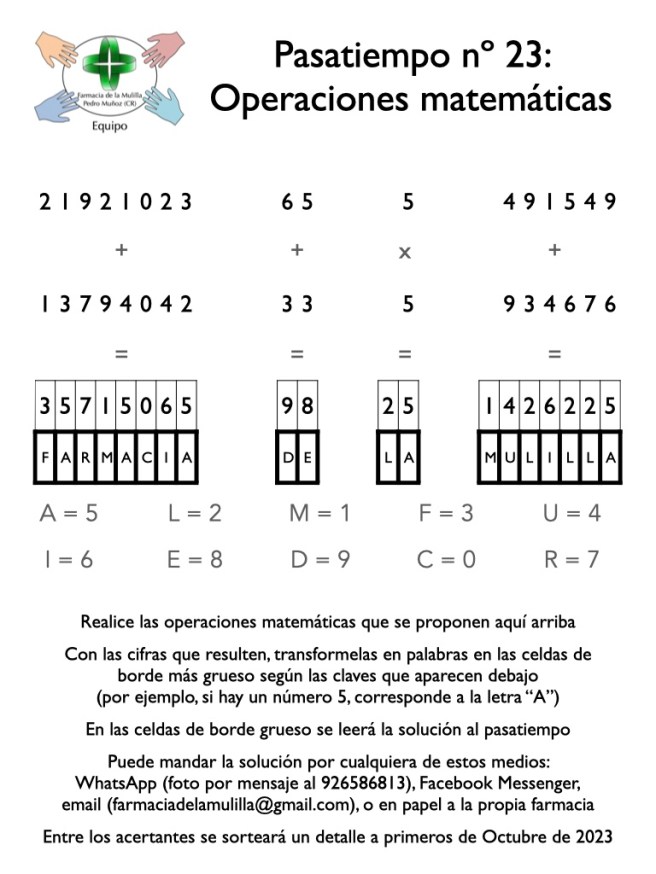 ‎Pasatiempo 023 - Operaciones matemáticas SOLUCION